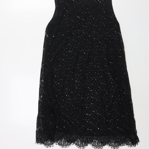 Yumi Womens Black Polyester Shift Size S Scoop Neck Pullover - Lace Chain Tassle