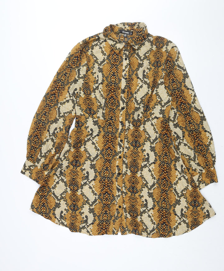 Missguided Womens Brown Animal Print Polyester Shirt Dress Size 14 Collared Button - Snakeskin Print