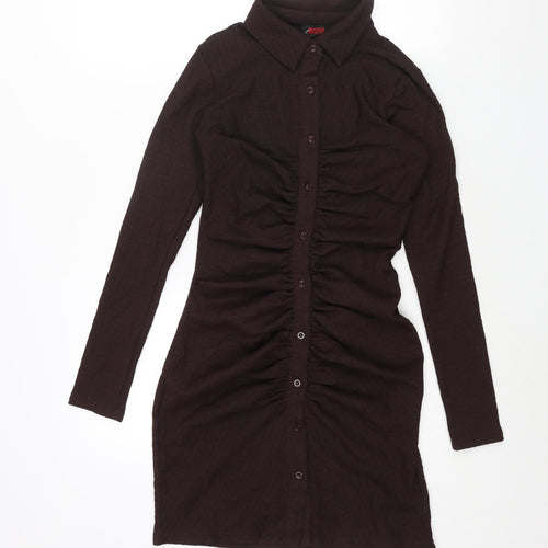 Misspap Womens Brown Polyester Shirt Dress Size 8 Collared Button - Rouched