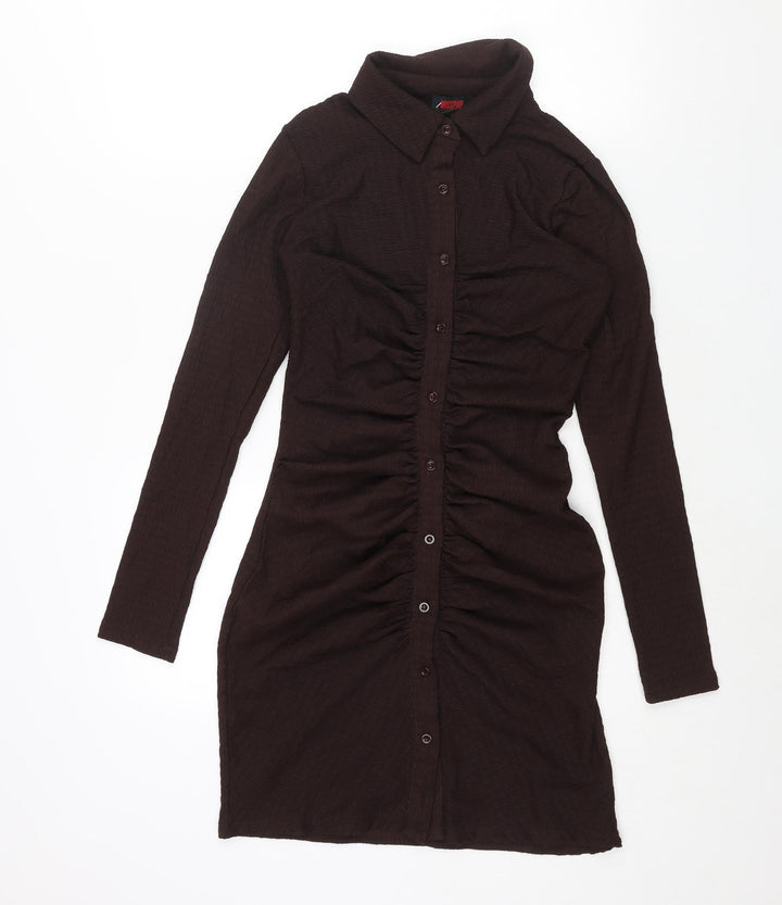 Misspap Womens Brown Polyester Shirt Dress Size 8 Collared Button - Rouched