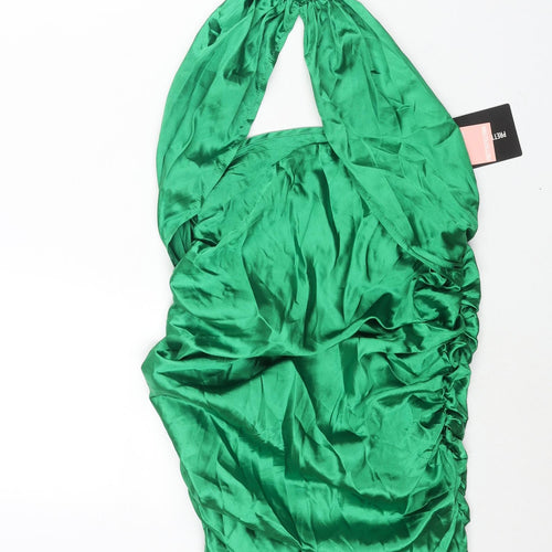 PRETTYLITTLETHING Womens Green Polyester Mini Size 6 Halter Zip - Rouched Cut Out