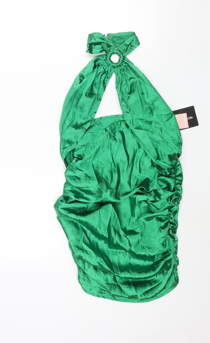 PRETTYLITTLETHING Womens Green Polyester Mini Size 6 Halter Zip - Rouched Cut Out