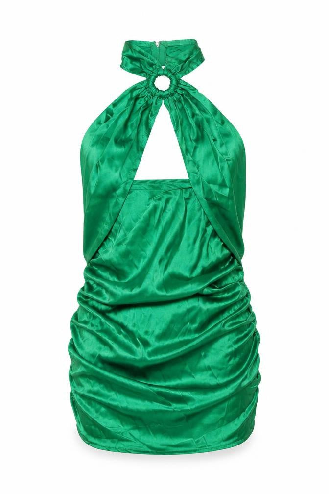 Front view of PRETTYLITTLETHING women’s green polyester mini, size UK 6, halter zip - rouched cut out