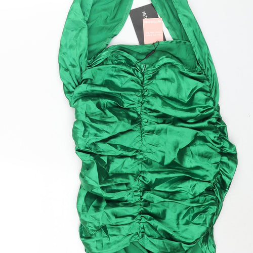 PRETTYLITTLETHING Womens Green Polyester Mini Size 6 Halter Zip - Rouched Cut Out