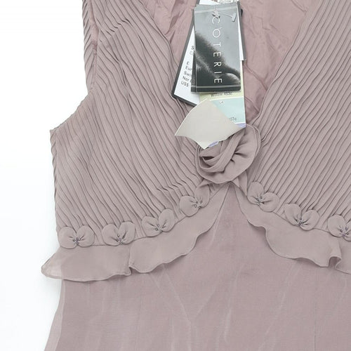 Coterie Womens Purple Polyester Shift Size 12 V-Neck Zip - Pleated Bodice Floral Detail