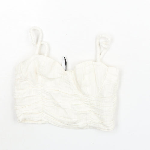 Stradivarius Womens White Cotton Cropped Blouse Size XS Sweetheart - Rouched
