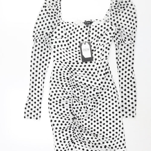 NaaNaa Womens White Polka Dot Polyester Bodycon Size 8 Square Neck Zip - Rouched
