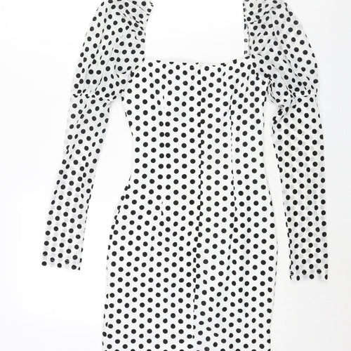 NaaNaa Womens White Polka Dot Polyester Bodycon Size 8 Square Neck Zip - Rouched