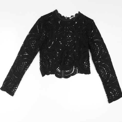 Glamorous Womens Black Polyester Basic Blouse Size S Round Neck - Semi Sheer
