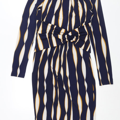 Jolie Moi Womens Blue Geometric Polyester Bodycon Size 10 Mock Neck Pullover - Twist Detail
