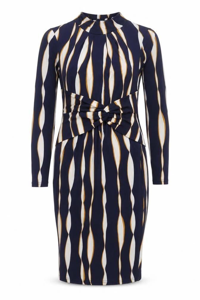 Jolie Moi Womens Blue Geometric Polyester Bodycon Size 10 Mock Neck Pullover - Twist Detail