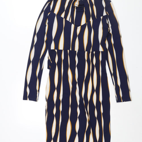 Jolie Moi Womens Blue Geometric Polyester Bodycon Size 10 Mock Neck Pullover - Twist Detail