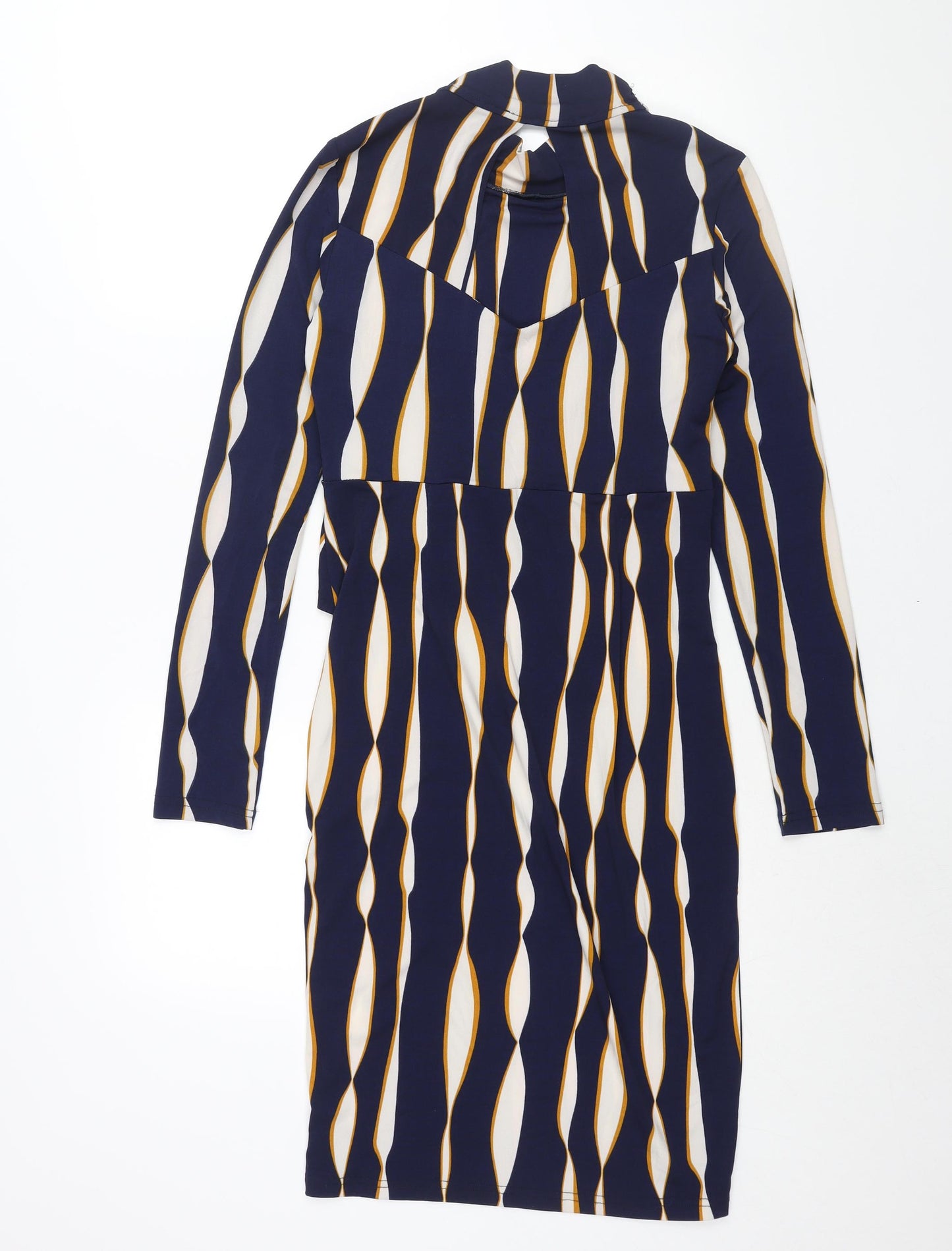 Jolie Moi Womens Blue Geometric Polyester Bodycon Size 10 Mock Neck Pullover - Twist Detail