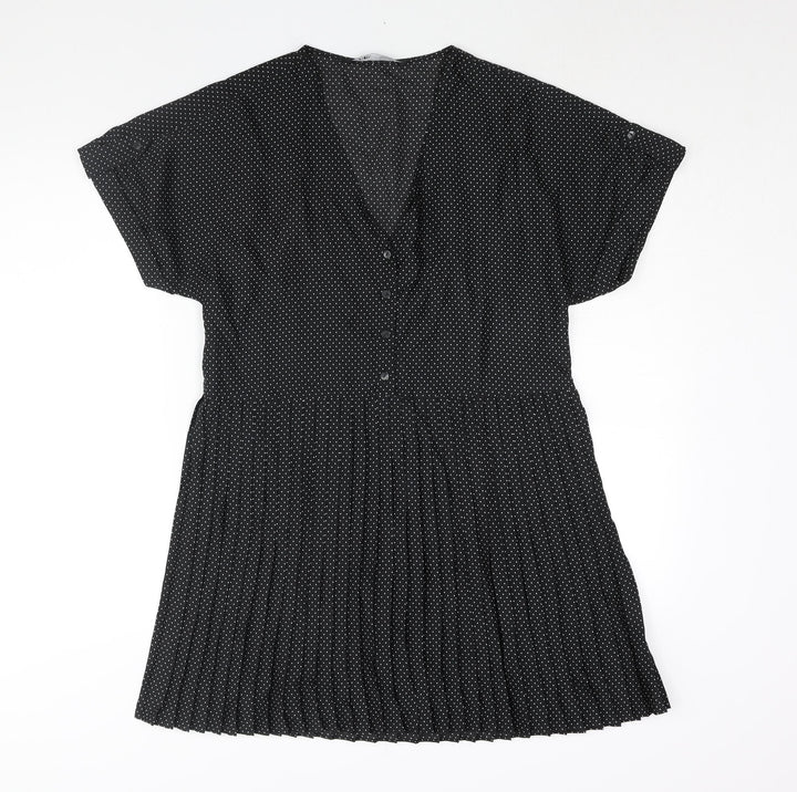 Zara Womens Black Polka Dot Polyester Shift Size M V-Neck Button - Pleated
