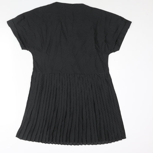 Zara Womens Black Polka Dot Polyester Shift Size M V-Neck Button - Pleated