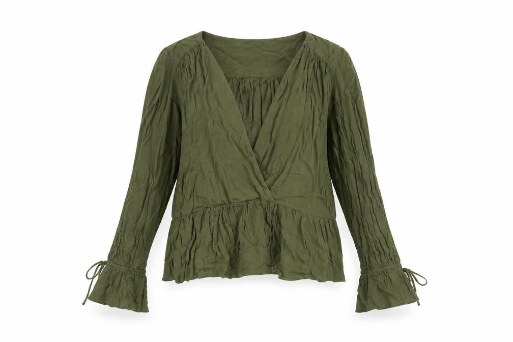 Front view of ASOS women’s green viscose basic blouse, size UK 8, v-neck - peplum tie cuff