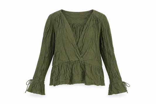 Front view of ASOS women’s green viscose basic blouse, size UK 8, v-neck - peplum tie cuff