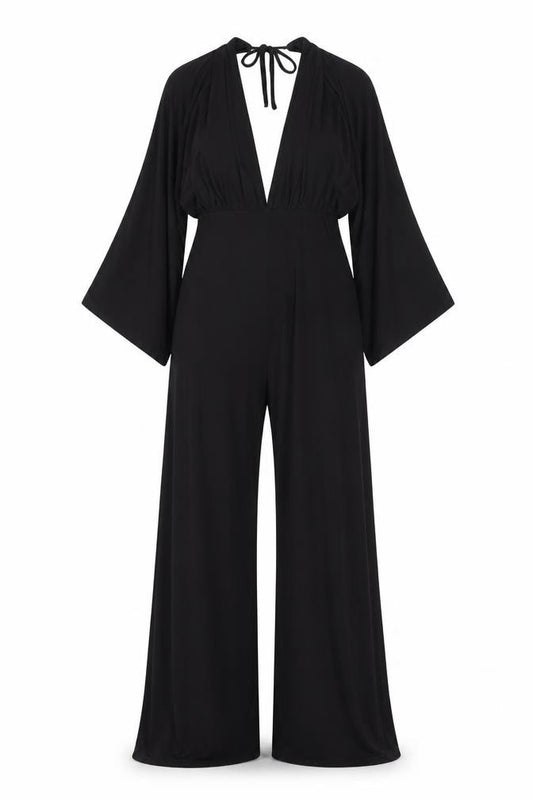 Front view of PRETTYLITTLETHING women’s black polyester jumpsuit one-piece, size UK 12, 31-inch leg tie