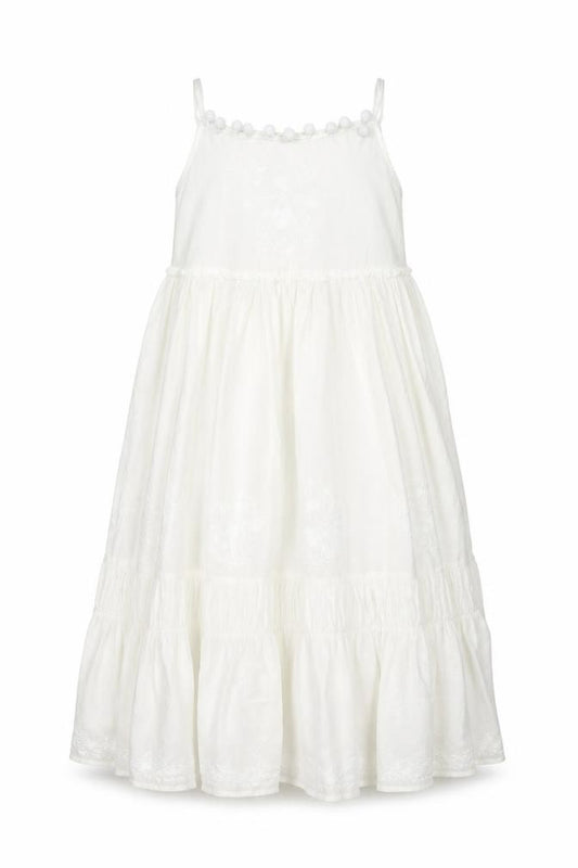 Front view of Next girls’ white cotton shift, size 10, years square neck pullover - pom pom embroidered