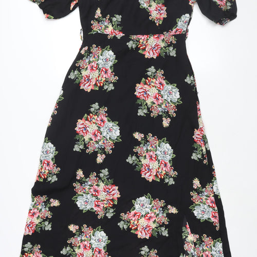 Yumi Womens Black Floral Polyester Maxi Size 10 V-Neck Snap