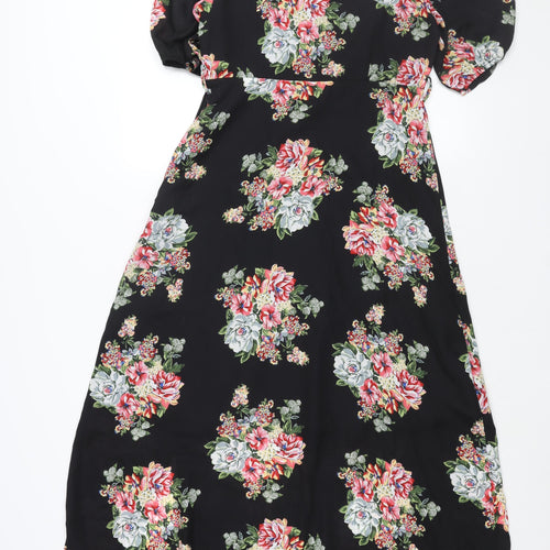 Yumi Womens Black Floral Polyester Maxi Size 10 V-Neck Snap