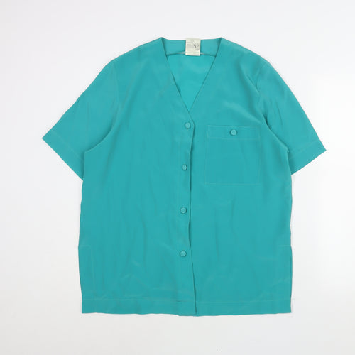 Classic Womens Green Polyester Basic Blouse Size 14 V-Neck - Vintage