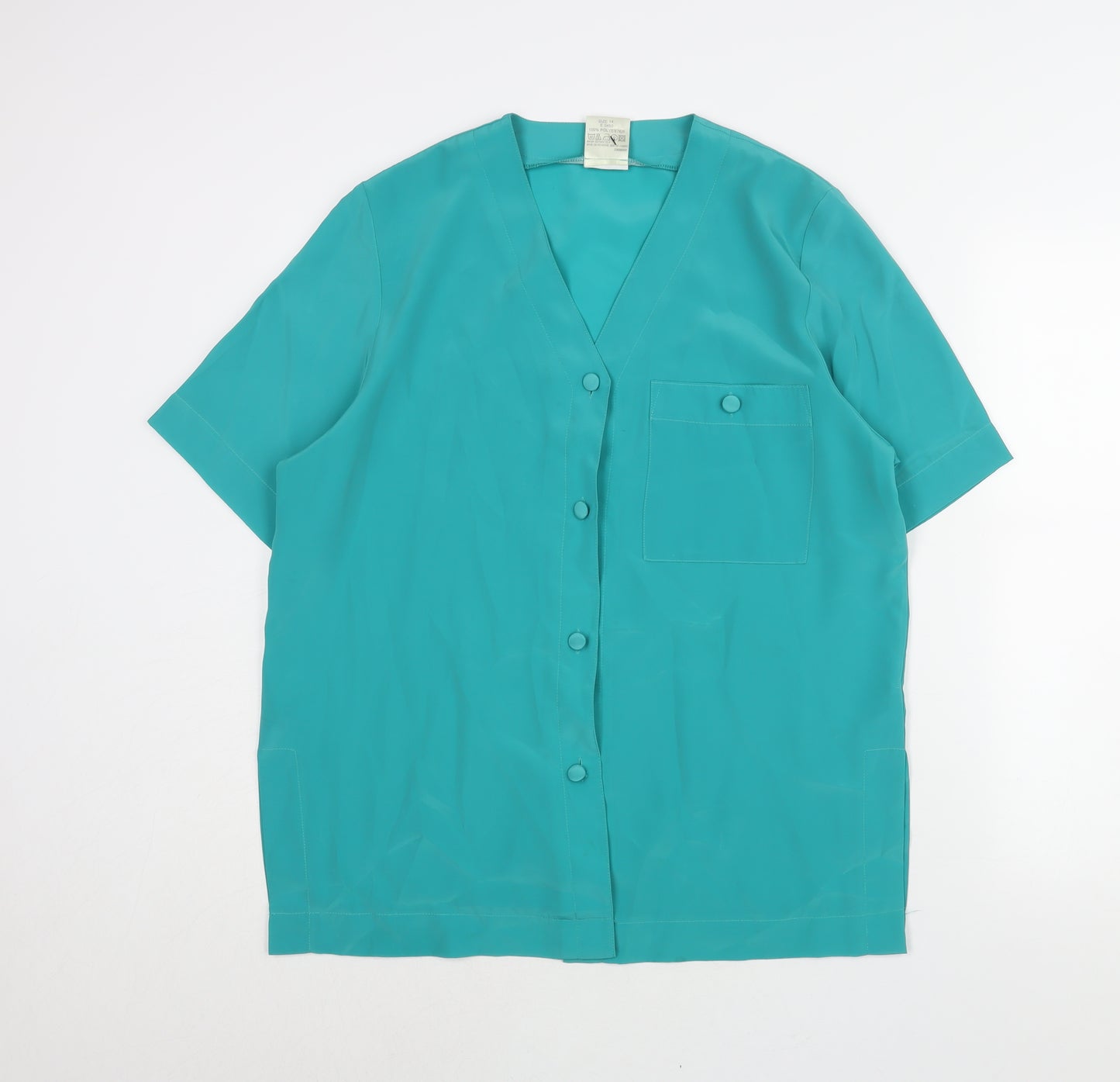 Classic Womens Green Polyester Basic Blouse Size 14 V-Neck - Vintage