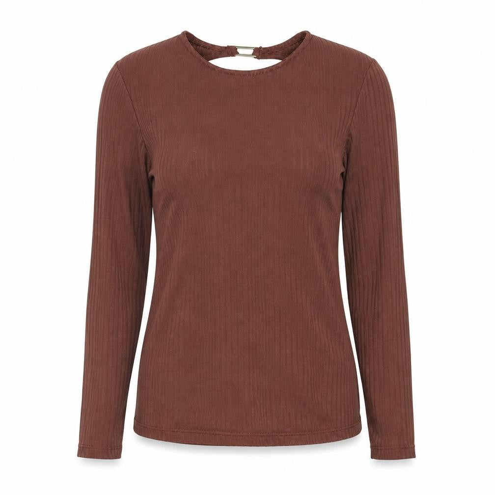 Stradivarius Womens Brown Polyester Basic Blouse Size S Round Neck - Buckle Cut Out