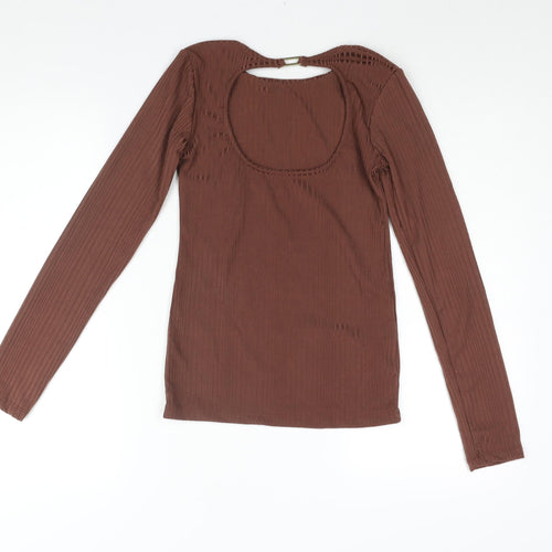 Stradivarius Womens Brown Polyester Basic Blouse Size S Round Neck - Buckle Cut Out