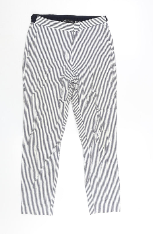 Zara Womens Blue Striped Cotton Trousers Size M L25 in Regular Zip