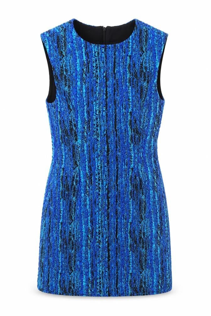 Front view of Zara women’s blue geometric polyester mini, size S, round neck zip - textured