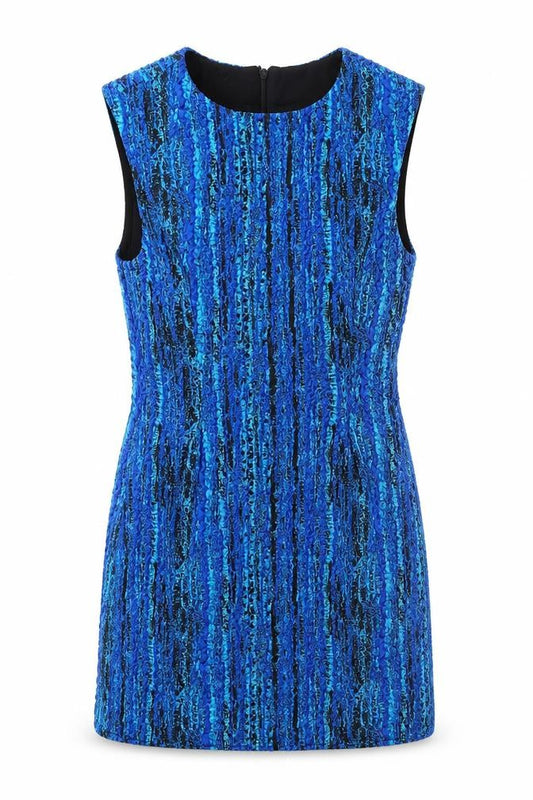 Front view of Zara women’s blue geometric polyester mini, size S, round neck zip - textured