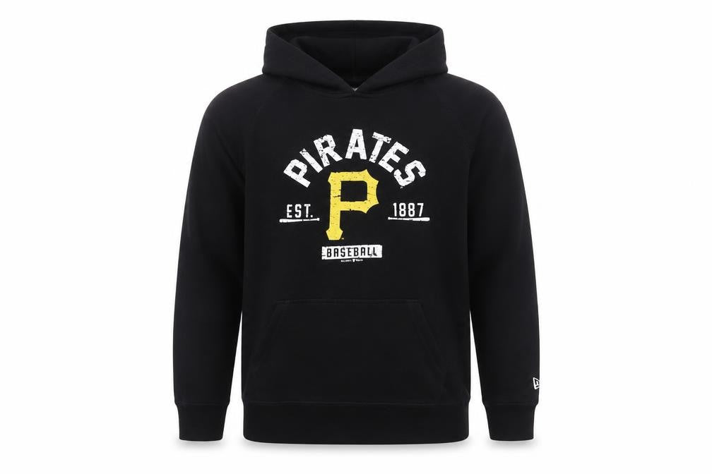 Front view of Pirates Baseball boys’ black cotton pullover hoodie, size 16, years pullover