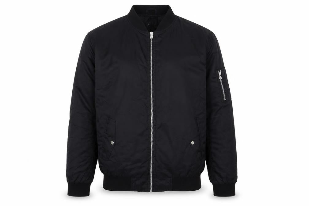 Front view of Boohoo men’s black bomber jacket jacket, size L, zip - tall
