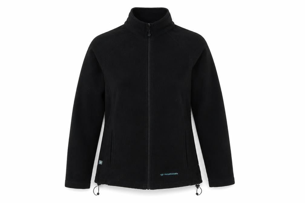 Front view of Mountain Life women’s black jacket, size UK 8, zip - logo, embroidered
