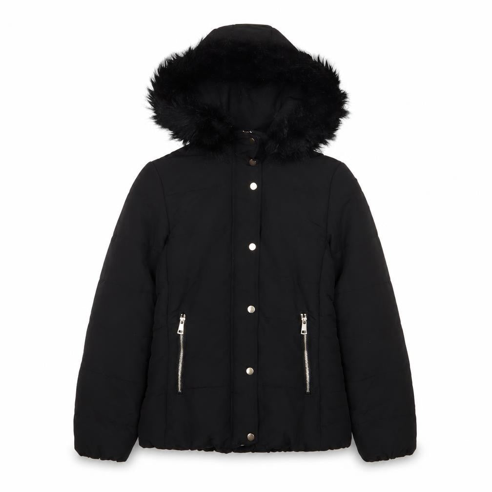 Front view of H&M women’s black quilted coat, size UK 6, zip - zip pockets