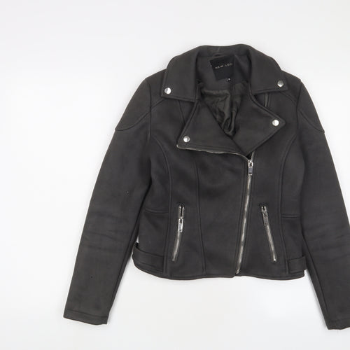 New Look Womens Grey Biker Jacket Size 10 Zip - Zip Pockets