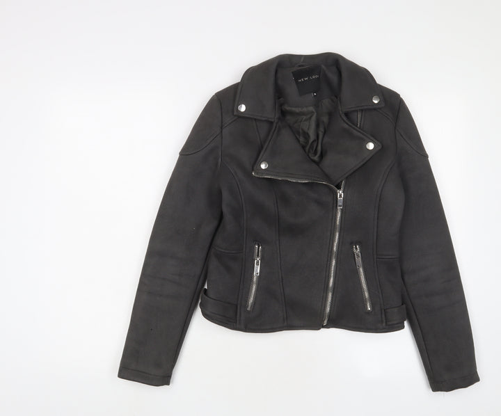 New Look Womens Grey Biker Jacket Size 10 Zip - Zip Pockets