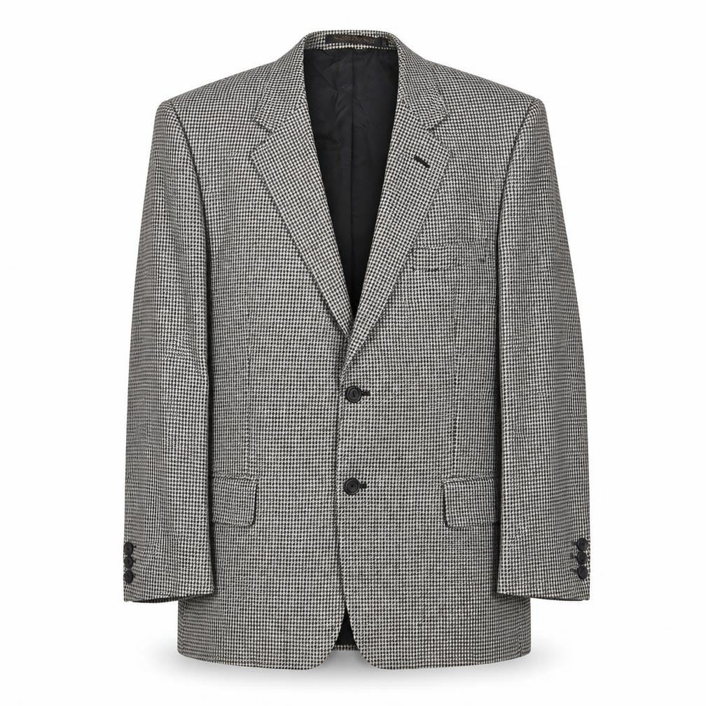 Front view of Marks & Spencer men’s black houndstooth wool jacket suit jacket, size 42, regular