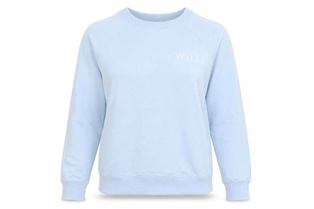 Front view of Jack Wills women’s blue cotton pullover sweatshirt, size UK 8, pullover