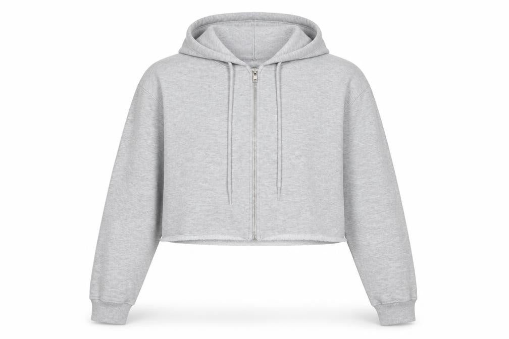 Front view of PRETTYLITTLETHING women’s grey cotton full zip hoodie, size S, zip