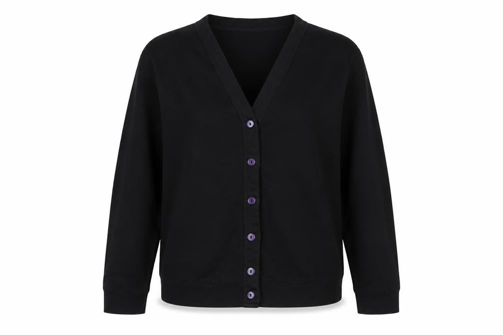 Front view of miss chief women’s black cotton pullover sweatshirt, size M, button