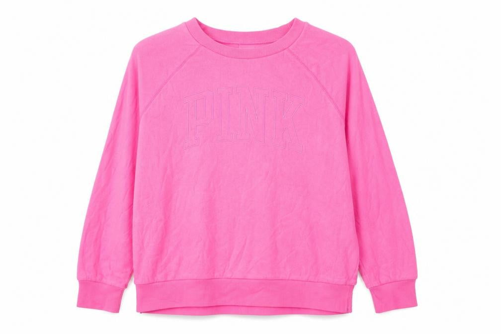 Front view of PINK women’s pink cotton pullover sweatshirt, size M, pullover - logo, embroidered