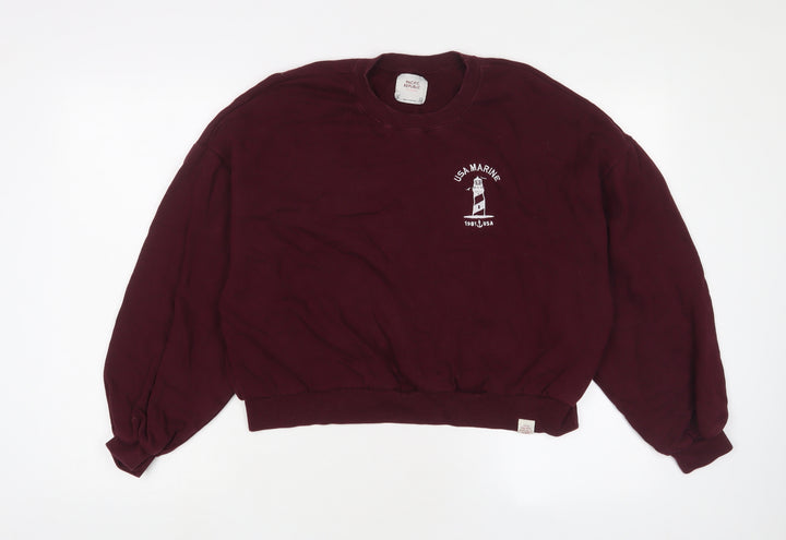 Pull&Bear Womens Red Cotton Pullover Sweatshirt Size S Pullover - Embroidered
