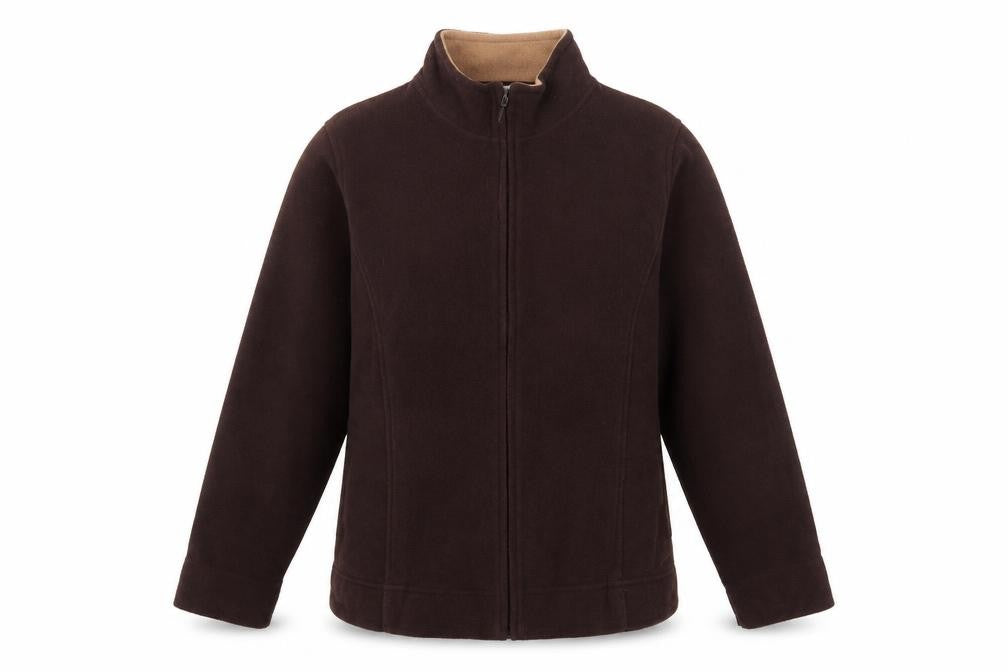 Front view of EWM women’s brown jacket, size M, zip - 14-16