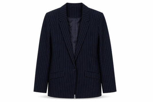 Front view of Oasis women’s blue striped jacket blazer, size UK 12, button