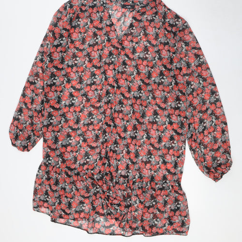 Wallis Womens Black Floral Polyester Tunic Button-Up Size 16 V-Neck - Sheer