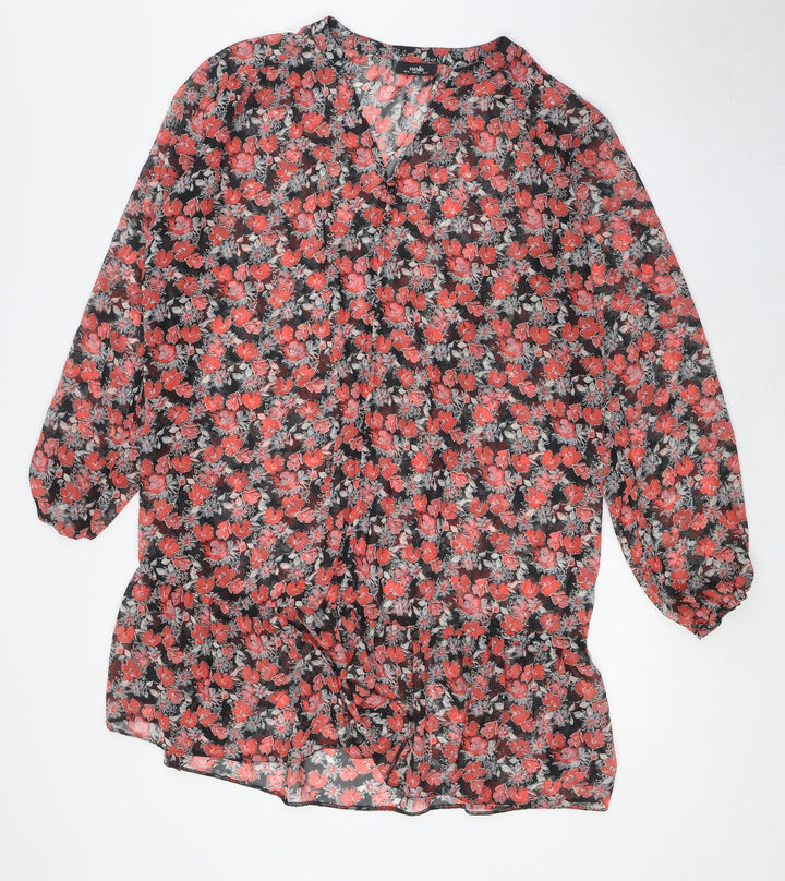 Wallis Womens Black Floral Polyester Tunic Button-Up Size 16 V-Neck - Sheer