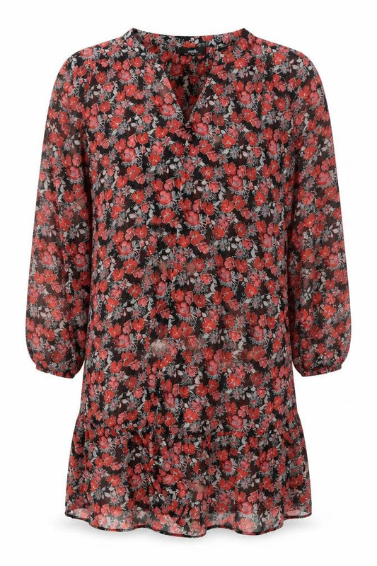 Front view of Wallis women’s black floral polyester tunic button-up, size UK 16, v-neck - sheer