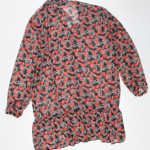 Wallis Womens Black Floral Polyester Tunic Button-Up Size 16 V-Neck - Sheer